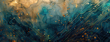 Electric Aesthetic: Watercolor Abstract with Metallic Hues and Blue Circuit Lines for a Modern Desktopの素材