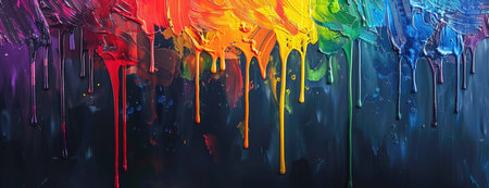 Rainbow Creativity Unleashed: Dripping Paint in Vivid Colors on Dark Watercolor Canvasの素材