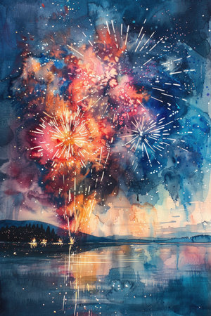 Excitement Illuminated: Bursts of Watercolor Fireworks Against the Night Sky for a Vibrant Desktopの素材