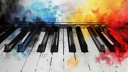 Symphony in Watercolor: Black and White Piano Keys with Artistic Color Blends for Your Desktopの素材