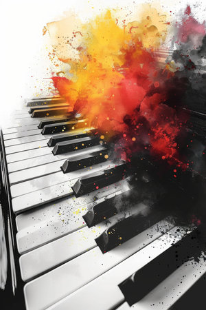 Melodic Artistry: Abstract Watercolor Piano Keys with Color Splashes for a Musical Desktop Themeの素材