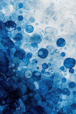 Soothing Rainy Day Theme: Abstract Watercolor Raindrops in Shades of Blue on Misty Gray Backgroundの素材
