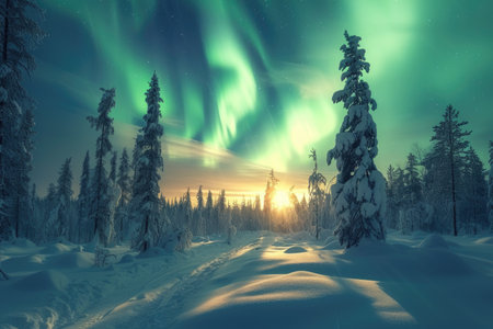 Bright northern lights over snowy forestの素材
