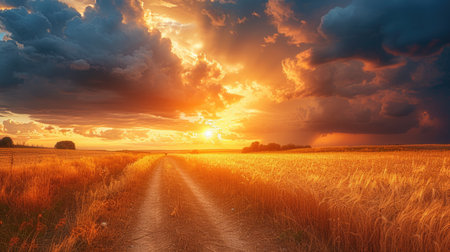 Golden sunset on a rural country roadの素材