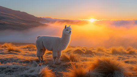 An alpaca contemplating the dawn in a serene mountain fieldの素材