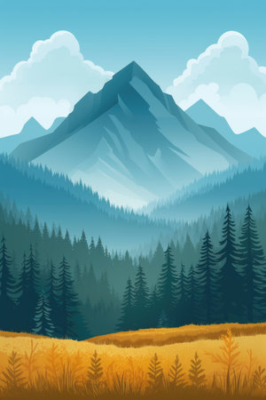 Stylized illustration of calm mountain landscapeの素材