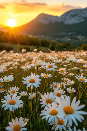 Blooming daisies in a mountain landscape at sunsetの素材