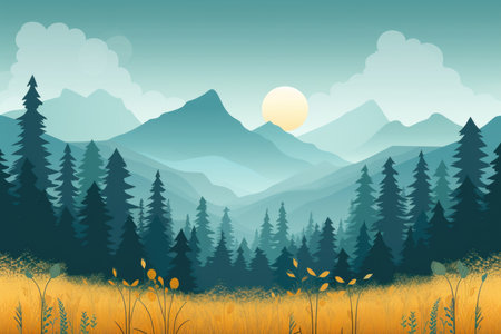 Stylized illustration of calm mountain landscapeの素材