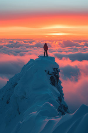 A mountaineer enjoys the sunrise from a snowy mountain peakの素材