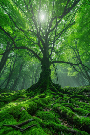 Mystical green forest: sun rays over mossy groundの素材