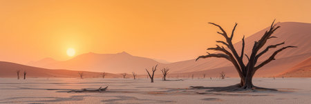 Surreal desert sunrise: tree silhouette against colorful skyの素材