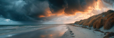 Dramatic storm clouds over coastal dunes at sunsetの素材
