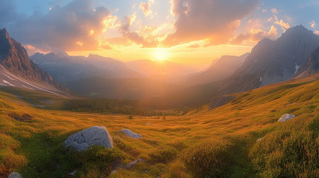 Warm sunset rays on sloping mountain hillsの素材