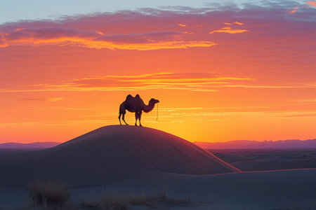 Silhouette of a lone camel in the desertの素材