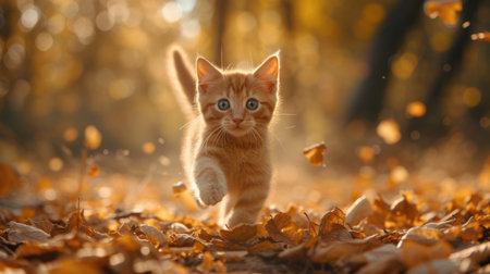 A curious ginger kitten explores a bed of fall leavesの素材
