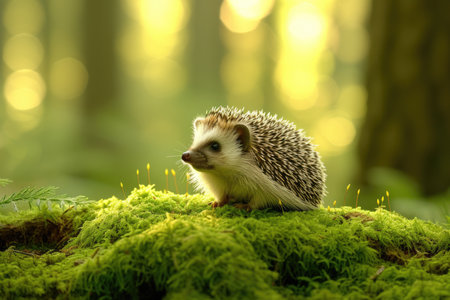 A curious hedgehog on a mossy log in a sunlit forestの素材