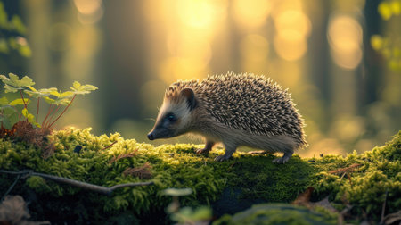 A curious hedgehog on a mossy log in a sunlit forestの素材