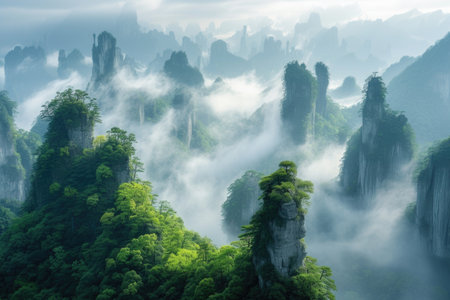 Majestic Green Mountains shrouded in morning mistの素材