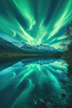 Majestic night sky over calm watersの素材