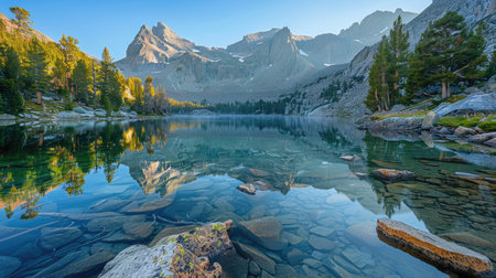 Dawn Light Over Serene Alpine Waters: Misty Mountain Reflections on a Rocky Shorelineの素材