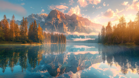 Tranquil Mountain Lake Morning: Sun-Kissed Peaks and Perfect Reflectionsの素材