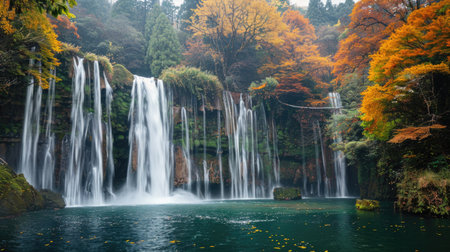 A Cascade of Waterfalls in a Lush Forest with Vibrant Autumn Leavesの素材