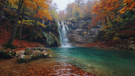 Secluded Waterfall Oasis Amid Fiery Autumnal Trees and Serene Poolの素材