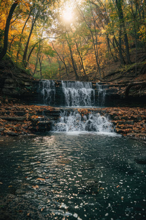 Autumn's Hidden Gem: A Lush Forest Waterfall with Turquoise Pool, Encircled by Rocks and Colorful Leaves, Sunlight Dancing on Waterの素材