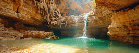 Ancient Desert Waterfall Oasis: Emerald Waters Flowing Through Carved Sandstone into a Tranquil Poolの素材