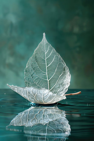 Serene Nature's Artistry: Delicate White Leaf on Reflective Surface Against Turquoise Backdropの素材