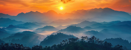 Radiant Dawn: Breathtaking Sunrise Illuminates Rugged Mountain Peaks and Misty Forest Belowの素材