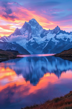 Mountain Peace: High Alpine Lake Capturing the Spectacular Sunset Colors on Surrounding Peaksの素材