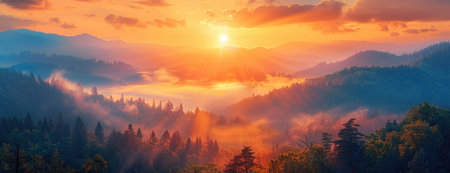 Wilderness Awakening: Warm Hues of Sunrise Over Rugged Peaks and Dense Mist-Covered Forestの素材