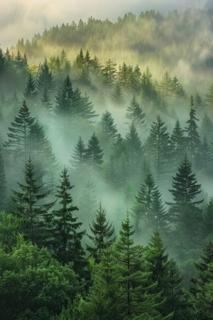 Enchanted Dawn: Towering Fir Trees Shrouded in Mist, a Mysterious and Serene Forest Sceneの素材
