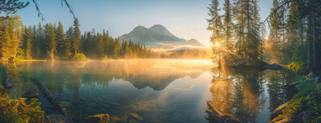 Panoramic Dawn in Wilderness: Calm Lake with Rising Mist, Surrounded by Pine Forest and Mountains, Bathed in the Warmth of Sunlight Through the Treesの素材