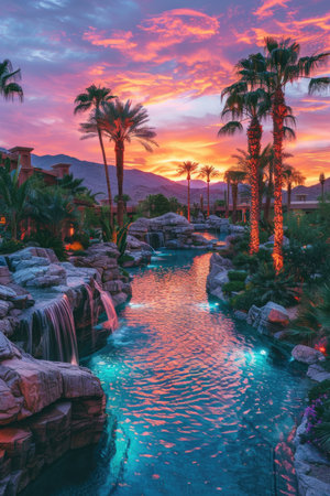 Lush Vegetation and Cascading Waterfalls in a Desert Oasis: Palm Trees and Tranquil Waters Under Sunset Huesの素材