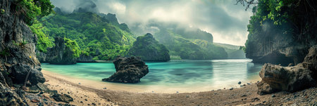 Tranquil Bay Oasis: Dense Jungle to Dramatic Cliffs and Secluded Shoreの素材