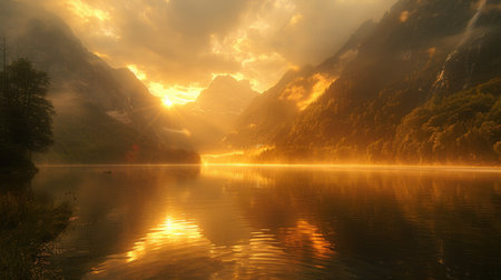 An ethereal mountain landscape bathed in the golden light of sunrise, with misty peaks rising above a serene, mirror-like lake in a secluded valleyの素材