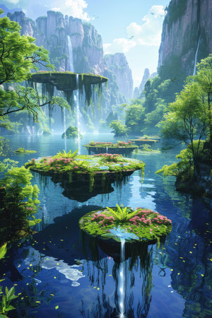 Floating Islands and Cascading Waterfalls: Exotic Flora Over Reflective Lakeの素材