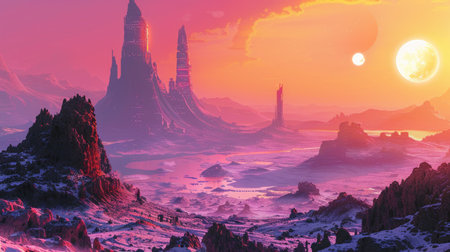 Alien World Panorama: Futuristic Architecture Amidst Exotic Terrains Under a Dual-Sun Skyの素材