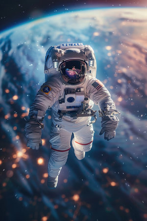 An Astronaut's Work Outside the Spacecraft Against the Backdrop of Earth, Highlighting the Majesty and Perils of Space Explorationの素材