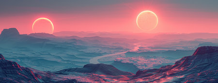Distant Planet Landscape: Advanced Structures and Alien Geographies Beneath Twin Sunsの素材