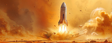 Bright Engine Glow as Spacecraft Lifts Off from Mars: A Journey Beyond by Colonists and Explorersの素材