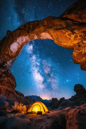 Milky Way Galaxy Viewed from a Desert Rock Archの素材
