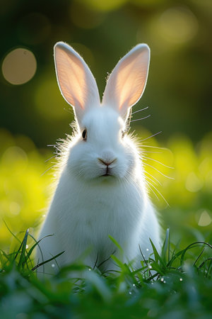 The Enchanted Rabbit: A Magical Dawn on Dewy Grassの素材