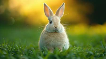The Enchanted Rabbit: A Magical Dawn on Dewy Grassの素材