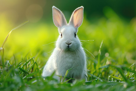 A glowing white rabbit in a lush green meadowの素材