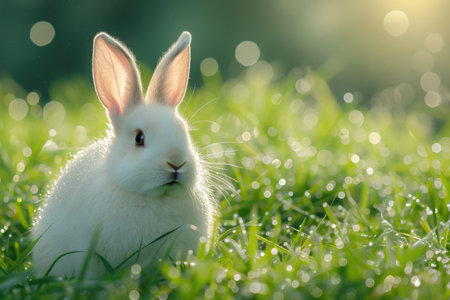 A glowing white rabbit in a lush green meadowの素材