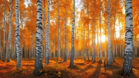 Golden fall birch forest and sunlit birch trees in an autumn landscapeの素材