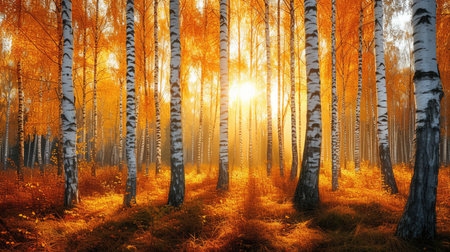 Golden fall birch forest and sunlit birch trees in an autumn landscapeの素材